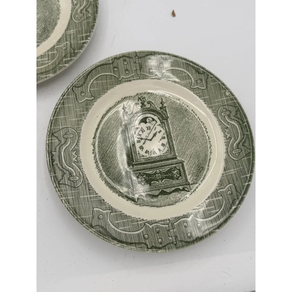 Vintage Royal China The Old Curiosity Shop Green Clock Bread Plates Set of 5